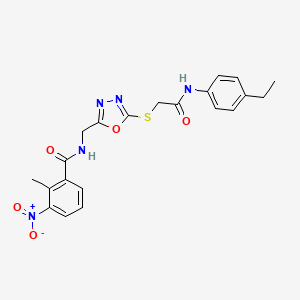 molecular formula C21H21N5O5S B2820049 N-((5-((2-((4-ethylphenyl)amino)-2-oxoethyl)thio)-1,3,4-oxadiazol-2-yl)methyl)-2-methyl-3-nitrobenzamide CAS No. 903314-94-3