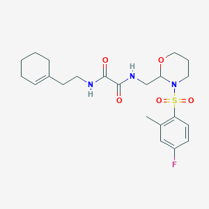 molecular formula C22H30FN3O5S B2820096 N1-(2-(cyclohex-1-en-1-yl)ethyl)-N2-((3-((4-fluoro-2-methylphenyl)sulfonyl)-1,3-oxazinan-2-yl)methyl)oxalamide CAS No. 872987-23-0