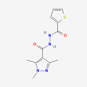 molecular formula C12H14N4O2S B2820097 甲酸-N'-[(1,3,5-三甲基-1H-吡唑-4-基)甲酰]-2-噻吩甲酰肼 CAS No. 477711-81-2