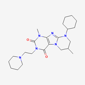molecular formula C23H36N6O2 B2820280 9-cyclohexyl-1,7-dimethyl-3-(2-(piperidin-1-yl)ethyl)-6,7,8,9-tetrahydropyrimido[2,1-f]purine-2,4(1H,3H)-dione CAS No. 922455-12-7
