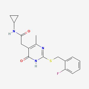 molecular formula C17H18FN3O2S B2820291 N-环丙基-2-(2-((2-氟苯甲基)硫)-4-甲基-6-氧代-1,6-二氢嘧啶-5-基)乙酰胺 CAS No. 1105201-08-8