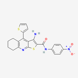 molecular formula C22H18N4O3S2 B2820392 3-amino-N-(4-nitrophenyl)-4-(thiophen-2-yl)-5,6,7,8-tetrahydrothieno[2,3-b]quinoline-2-carboxamide CAS No. 434294-46-9