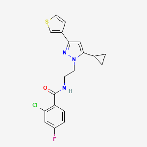 molecular formula C19H17ClFN3OS B2820454 2-chloro-N-(2-(5-cyclopropyl-3-(thiophen-3-yl)-1H-pyrazol-1-yl)ethyl)-4-fluorobenzamide CAS No. 2034585-42-5