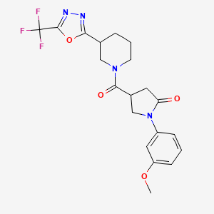 molecular formula C20H21F3N4O4 B2820502 1-(3-Methoxyphenyl)-4-(3-(5-(trifluoromethyl)-1,3,4-oxadiazol-2-yl)piperidine-1-carbonyl)pyrrolidin-2-one CAS No. 1396807-30-9
