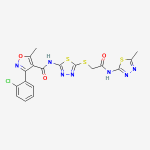 molecular formula C18H14ClN7O3S3 B2820534 3-(2-chlorophenyl)-5-methyl-N-(5-((2-((5-methyl-1,3,4-thiadiazol-2-yl)amino)-2-oxoethyl)thio)-1,3,4-thiadiazol-2-yl)isoxazole-4-carboxamide CAS No. 391868-71-6
