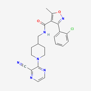 molecular formula C22H21ClN6O2 B2820539 3-(2-chlorophenyl)-N-((1-(3-cyanopyrazin-2-yl)piperidin-4-yl)methyl)-5-methylisoxazole-4-carboxamide CAS No. 1797576-00-1