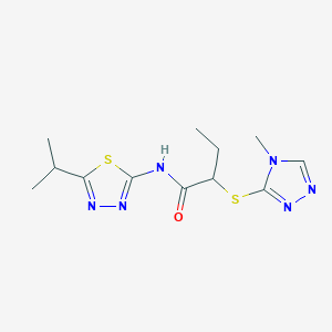 molecular formula C12H18N6OS2 B2820584 2-[(4-methyl-1,2,4-triazol-3-yl)sulfanyl]-N-(5-propan-2-yl-1,3,4-thiadiazol-2-yl)butanamide CAS No. 394236-69-2