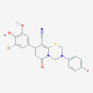 molecular formula C21H17BrFN3O3S B2820587 8-(3-Bromo-4-hydroxy-5-methoxyphenyl)-3-(4-fluorophenyl)-6-oxo-2,3,4,6,7,8-hexahydropyrido[2,1-b][1,3,5]thiadiazine-9-carbonitrile CAS No. 897831-44-6