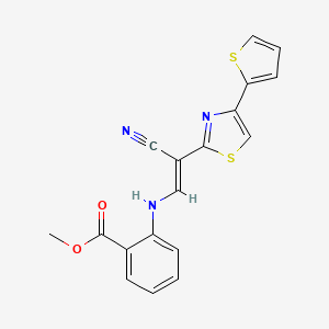 molecular formula C18H13N3O2S2 B2820619 (E)-methyl 2-((2-cyano-2-(4-(thiophen-2-yl)thiazol-2-yl)vinyl)amino)benzoate CAS No. 796881-17-9