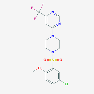 molecular formula C16H16ClF3N4O3S B2820676 4-(4-((5-Chloro-2-methoxyphenyl)sulfonyl)piperazin-1-yl)-6-(trifluoromethyl)pyrimidine CAS No. 2034600-56-9