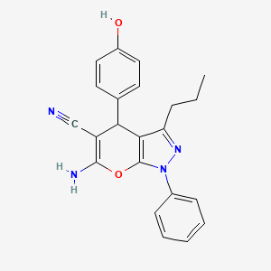 molecular formula C22H20N4O2 B2820686 6-Amino-4-(4-hydroxyphenyl)-1-phenyl-3-propyl-1,4-dihydropyrano[2,3-c]pyrazole-5-carbonitrile CAS No. 371926-59-9