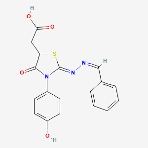 molecular formula C18H15N3O4S B2820693 2-((Z)-2-((Z)-benzylidenehydrazono)-3-(4-hydroxyphenyl)-4-oxothiazolidin-5-yl)acetic acid CAS No. 303120-78-7
