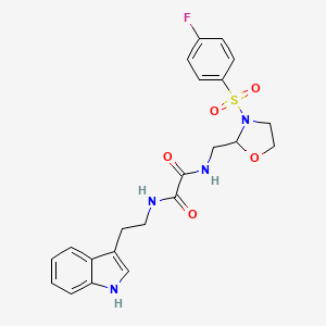 molecular formula C22H23FN4O5S B2820707 N1-(2-(1H-indol-3-yl)ethyl)-N2-((3-((4-fluorophenyl)sulfonyl)oxazolidin-2-yl)methyl)oxalamide CAS No. 868982-39-2