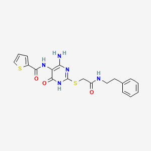 molecular formula C19H19N5O3S2 B2820805 N-(4-amino-6-oxo-2-((2-oxo-2-(phenethylamino)ethyl)thio)-1,6-dihydropyrimidin-5-yl)thiophene-2-carboxamide CAS No. 868225-77-8