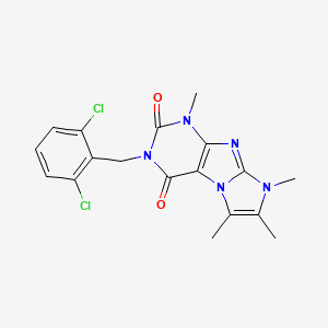 molecular formula C18H17Cl2N5O2 B2820854 2-[(2,6-Dichlorophenyl)methyl]-4,6,7,8-tetramethylpurino[7,8-a]imidazole-1,3-dione CAS No. 878413-52-6