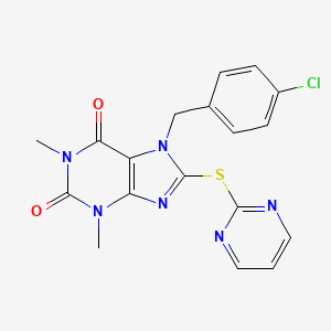 molecular formula C18H15ClN6O2S B2820920 7-(4-chlorobenzyl)-1,3-dimethyl-8-(pyrimidin-2-ylsulfanyl)-3,7-dihydro-1H-purine-2,6-dione CAS No. 797775-57-6
