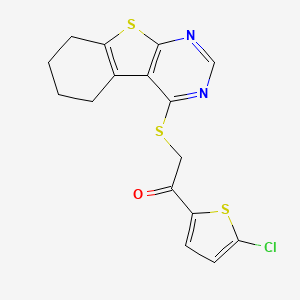 molecular formula C16H13ClN2OS3 B2820936 1-(5-Chlorothiophen-2-yl)-2-(5,6,7,8-tetrahydro[1]benzothieno[2,3-d]pyrimidin-4-ylsulfanyl)ethanone CAS No. 379253-32-4