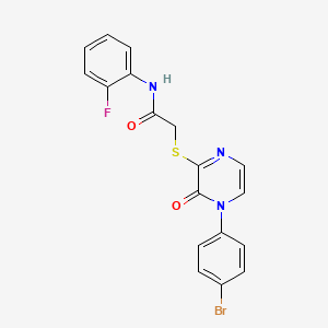 molecular formula C18H13BrFN3O2S B2820950 2-((4-(4-bromophenyl)-3-oxo-3,4-dihydropyrazin-2-yl)thio)-N-(2-fluorophenyl)acetamide CAS No. 900007-50-3