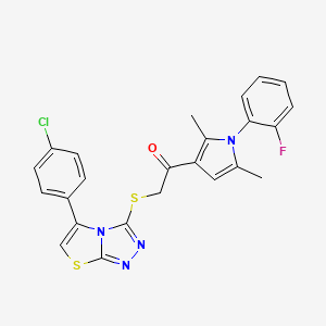 molecular formula C24H18ClFN4OS2 B2821006 2-((5-(4-chlorophenyl)thiazolo[2,3-c][1,2,4]triazol-3-yl)thio)-1-(1-(2-fluorophenyl)-2,5-dimethyl-1H-pyrrol-3-yl)ethanone CAS No. 671200-84-3