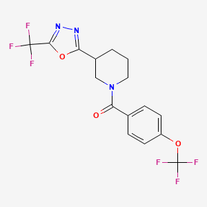 molecular formula C16H13F6N3O3 B2821099 (4-(Trifluoromethoxy)phenyl)(3-(5-(trifluoromethyl)-1,3,4-oxadiazol-2-yl)piperidin-1-yl)methanone CAS No. 1396757-86-0