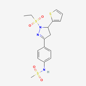 molecular formula C16H19N3O4S3 B2821155 N-{4-[1-(ethanesulfonyl)-5-(thiophen-2-yl)-4,5-dihydro-1H-pyrazol-3-yl]phenyl}methanesulfonamide CAS No. 851781-22-1