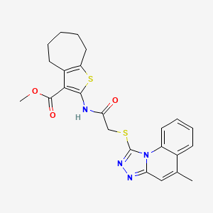 molecular formula C24H24N4O3S2 B2821353 methyl 2-({[(5-methyl[1,2,4]triazolo[4,3-a]quinolin-1-yl)sulfanyl]acetyl}amino)-5,6,7,8-tetrahydro-4H-cyclohepta[b]thiophene-3-carboxylate CAS No. 379236-69-8