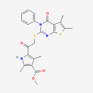 molecular formula C24H23N3O4S2 B2821399 methyl 5-(2-((5,6-dimethyl-4-oxo-3-phenyl-3,4-dihydrothieno[2,3-d]pyrimidin-2-yl)thio)acetyl)-2,4-dimethyl-1H-pyrrole-3-carboxylate CAS No. 670270-46-9