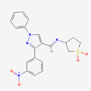 molecular formula C20H18N4O4S B2821417 (E)-3-(((3-(3-nitrophenyl)-1-phenyl-1H-pyrazol-4-yl)methylene)amino)tetrahydrothiophene 1,1-dioxide CAS No. 355115-20-7