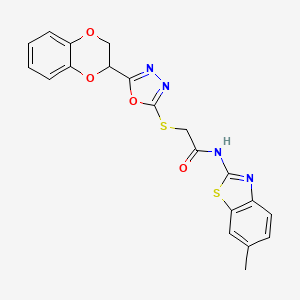 molecular formula C20H16N4O4S2 B2821520 2-((5-(2,3-二氢苯并[b][1,4]二噁英-2-基)-1,3,4-噁二唑-2-基)硫代)-N-(6-甲基苯并[d]噻唑-2-基)乙酰胺 CAS No. 1172489-78-9