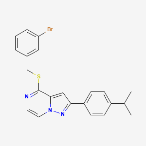 molecular formula C22H20BrN3S B2821604 4-[(3-Bromobenzyl)thio]-2-(4-isopropylphenyl)pyrazolo[1,5-a]pyrazine CAS No. 1223967-75-6