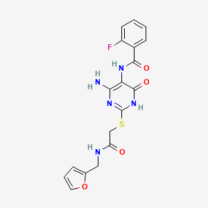 molecular formula C18H16FN5O4S B2821611 N-(4-氨基-2-((2-((呋喃-2-基甲基)氨基)-2-氧代乙基)硫代)-6-氧代-1,6-二氢嘧啶-5-基)-2-氟苯甲酰胺 CAS No. 872597-27-8