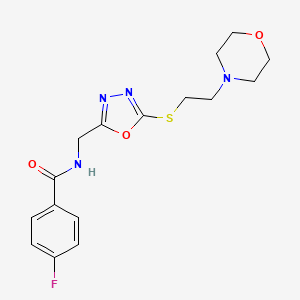 molecular formula C16H19FN4O3S B2821633 4-fluoro-N-[[5-(2-morpholin-4-ylethylsulfanyl)-1,3,4-oxadiazol-2-yl]methyl]benzamide CAS No. 941875-52-1