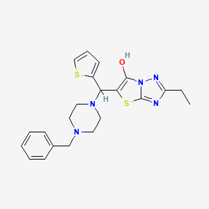 molecular formula C22H25N5OS2 B2821658 5-((4-Benzylpiperazin-1-yl)(thiophen-2-yl)methyl)-2-ethylthiazolo[3,2-b][1,2,4]triazol-6-ol CAS No. 886914-31-4