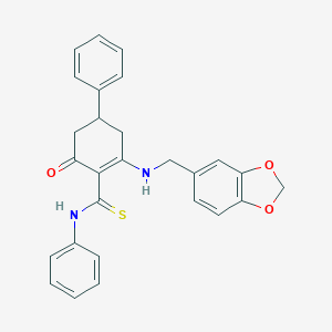 2-[(1,3-benzodioxol-5-ylmethyl)amino]-6-oxo-N,4-diphenylcyclohex-1-ene-1-carbothioamide