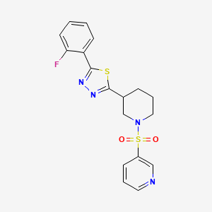 molecular formula C18H17FN4O2S2 B2821662 2-(2-Fluorophenyl)-5-(1-(pyridin-3-ylsulfonyl)piperidin-3-yl)-1,3,4-thiadiazole CAS No. 1170634-89-5