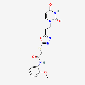 molecular formula C17H17N5O5S B2821692 2-((5-(2-(2,4-dioxo-3,4-dihydropyrimidin-1(2H)-yl)ethyl)-1,3,4-oxadiazol-2-yl)thio)-N-(2-methoxyphenyl)acetamide CAS No. 946307-20-6