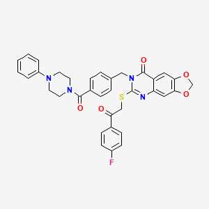 molecular formula C35H29FN4O5S B2821735 6-((2-(4-氟苯基)-2-氧代乙基)硫)-7-(4-(4-苯基哌嗪-1-甲酰)苯基甲基)-[1,3]二噁吡喃[4,5-g]喹唑-8(7H)-酮 CAS No. 689758-14-3