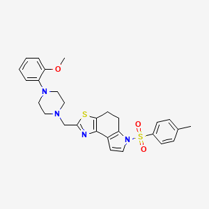 molecular formula C28H30N4O3S2 B2821748 2-{[4-(2-methoxyphenyl)piperazino]methyl}-6-[(4-methylphenyl)sulfonyl]-5,6-dihydro-4H-[1,3]thiazolo[4,5-e]indole CAS No. 551930-60-0