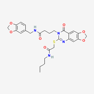 molecular formula C27H30N4O7S B2821898 N-(1,3-苯并二氧杂-5-基甲基)-4-[6-{[2-(丁基氨基)-2-氧代乙基]硫基}-8-氧代[1,3]二噁杂环[4,5-g]喹噁啉-7(8H)-基]丁酰胺 CAS No. 896681-60-0