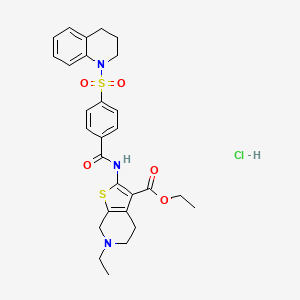 molecular formula C28H32ClN3O5S2 B2822048 乙酸2-(4-((3,4-二氢喹啉-1(2H)-基)磺酰基)苯甲酰胺)-6-乙基-4,5,6,7-四氢噻吩[2,3-c]吡啶-3-甲酸酯盐酸盐 CAS No. 1216496-22-8