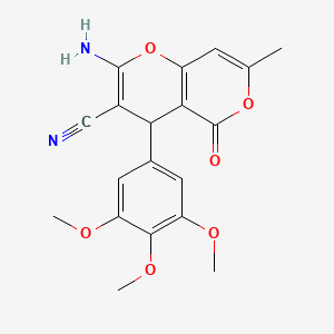 molecular formula C19H18N2O6 B2822060 2-Amino-7-methyl-5-oxo-4-(3,4,5-trimethoxyphenyl)-4,5-dihydropyrano[4,3-b]pyran-3-carbonitrile CAS No. 370572-64-8