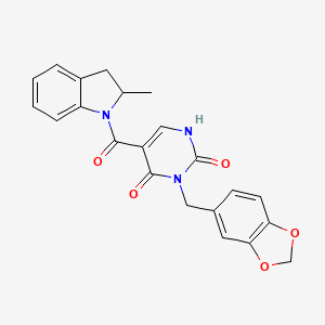 molecular formula C22H19N3O5 B2822081 3-(苯并[d][1,3]二氧杂环-5-基甲基)-5-(2-甲基吲哚-1-甲酰)嘧啶-2,4(1H,3H)-二酮 CAS No. 1396879-71-2