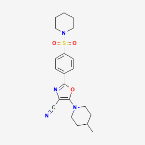 molecular formula C21H26N4O3S B2822110 5-(4-甲基哌嗪-1-基)-2-(4-(哌嗪-1-基磺酰基)苯基)噁唑-4-碳腈 CAS No. 941243-55-6