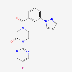 molecular formula C18H15FN6O2 B2822140 1-(5-fluoropyrimidin-2-yl)-4-[3-(1H-pyrazol-1-yl)benzoyl]piperazin-2-one CAS No. 2320925-97-9