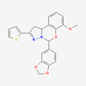 molecular formula C22H18N2O4S B2822176 5-(benzo[d][1,3]dioxol-5-yl)-7-methoxy-2-(thiophen-2-yl)-5,10b-dihydro-1H-benzo[e]pyrazolo[1,5-c][1,3]oxazine CAS No. 900003-87-4