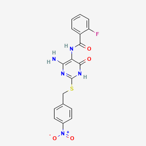 molecular formula C18H14FN5O4S B2822199 N-(4-氨基-2-((4-硝基苄)硫基)-6-氧代-1,6-二氢嘧啶-5-基)-2-氟苯甲酰胺 CAS No. 888426-01-5