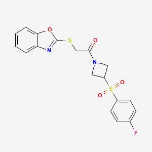 molecular formula C18H15FN2O4S2 B2822296 2-(Benzo[d]oxazol-2-ylthio)-1-(3-((4-fluorophenyl)sulfonyl)azetidin-1-yl)ethanone CAS No. 1704645-66-8