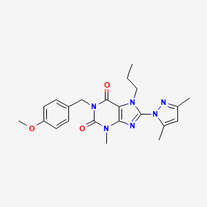 molecular formula C22H26N6O3 B2822325 8-(3,5-dimethyl-1H-pyrazol-1-yl)-1-(4-methoxybenzyl)-3-methyl-7-propyl-1H-purine-2,6(3H,7H)-dione CAS No. 1171682-80-6