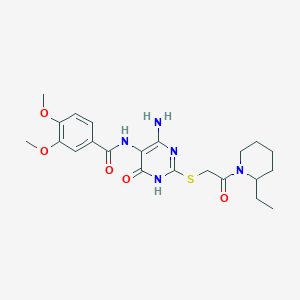 molecular formula C22H29N5O5S B2822411 N-(4-amino-2-((2-(2-ethylpiperidin-1-yl)-2-oxoethyl)thio)-6-oxo-1,6-dihydropyrimidin-5-yl)-3,4-dimethoxybenzamide CAS No. 868228-38-0