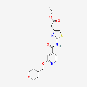 molecular formula C19H23N3O5S B2822489 ethyl 2-(2-(2-((tetrahydro-2H-pyran-4-yl)methoxy)isonicotinamido)thiazol-4-yl)acetate CAS No. 2034296-78-9